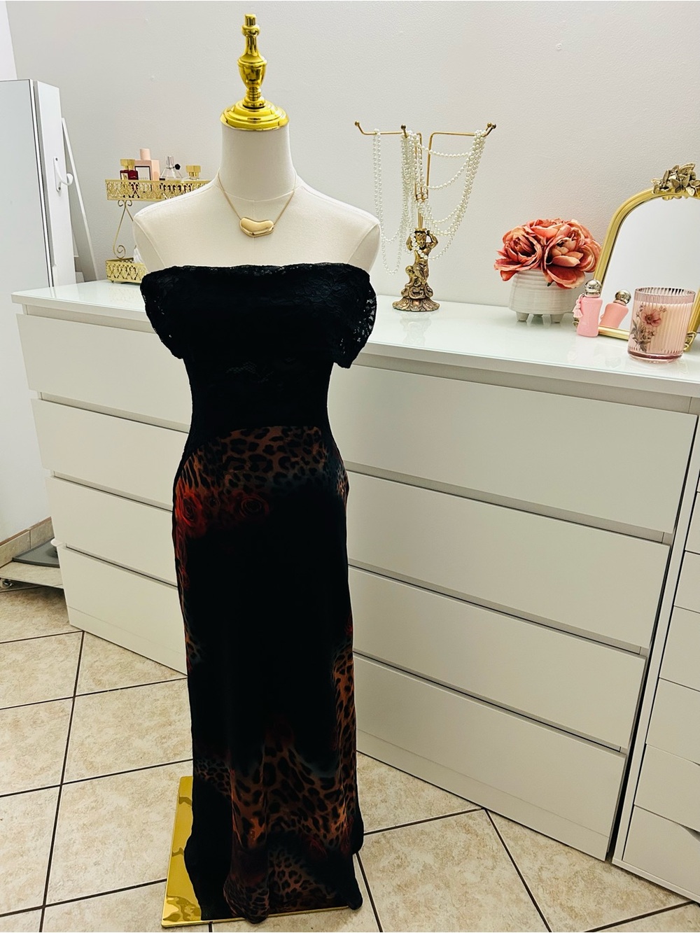 Strapless Black Evening Gown with Brown Leopard Accents